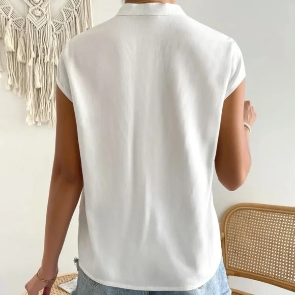 Batwing Short sleeve button up shirt white casual boho - Picture 3 of 3